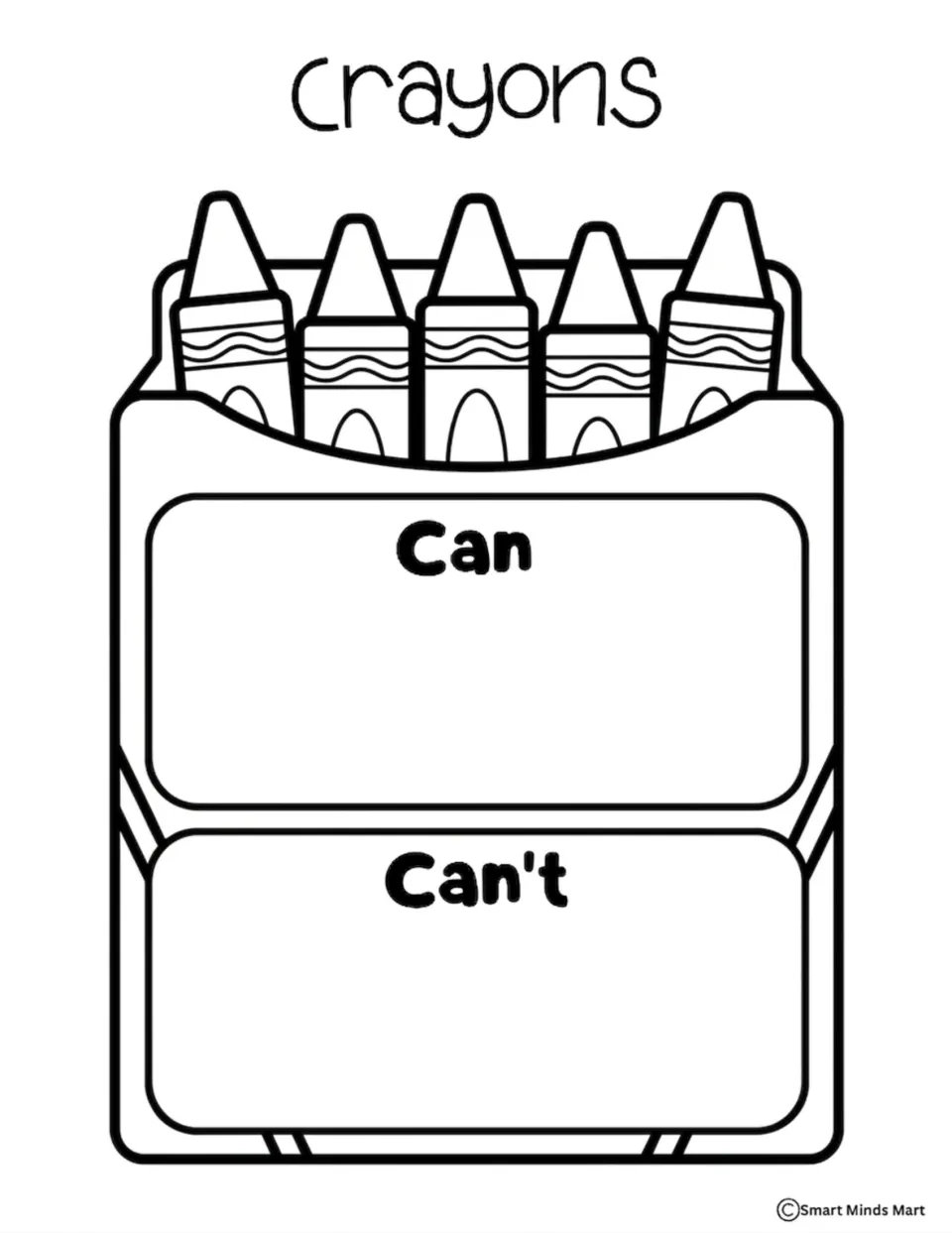 Black-and-white crayons sorting mat labeled Can and Can't for sorting cards about school supply use