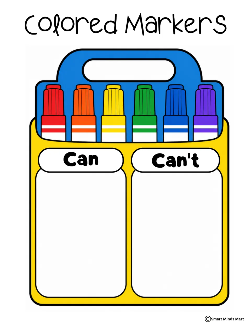 Color sorting mat titled Colored Markers, labeled Can and Can't for sorting cards about marker use
