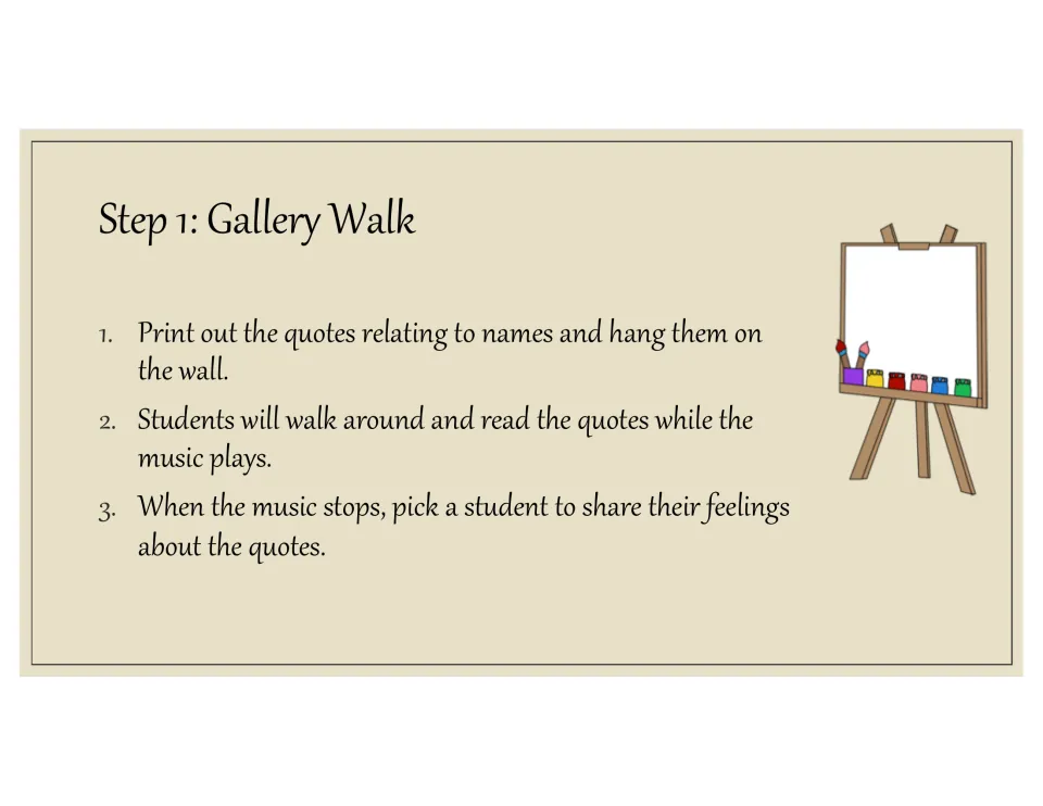 Step 1 Gallery Walk: students read name quotes hung on the wall while music plays, then one shares feelings when it stops