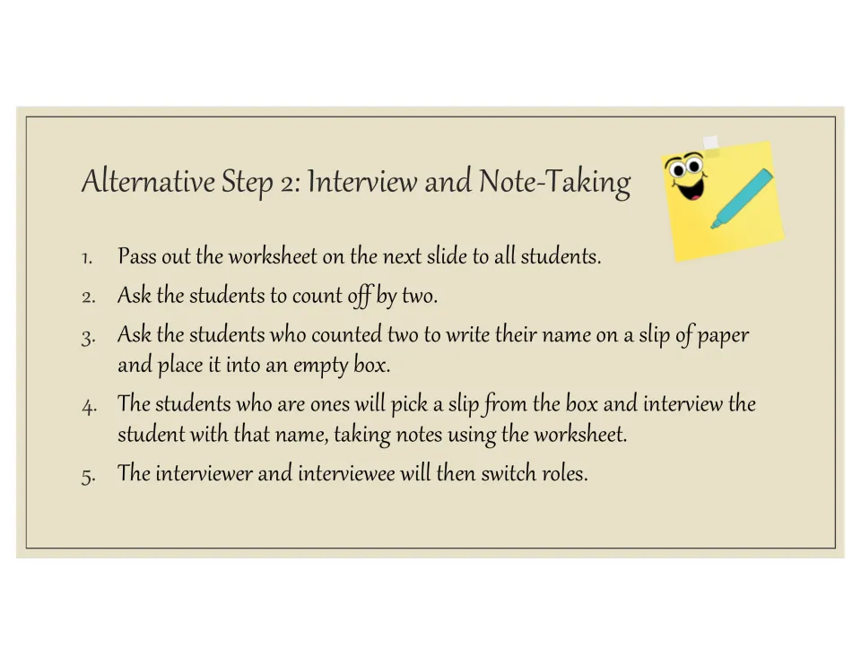 Alternative Step 2 Interview and Note-Taking: students draw a classmate's name slip, interview them, take notes, then swap
