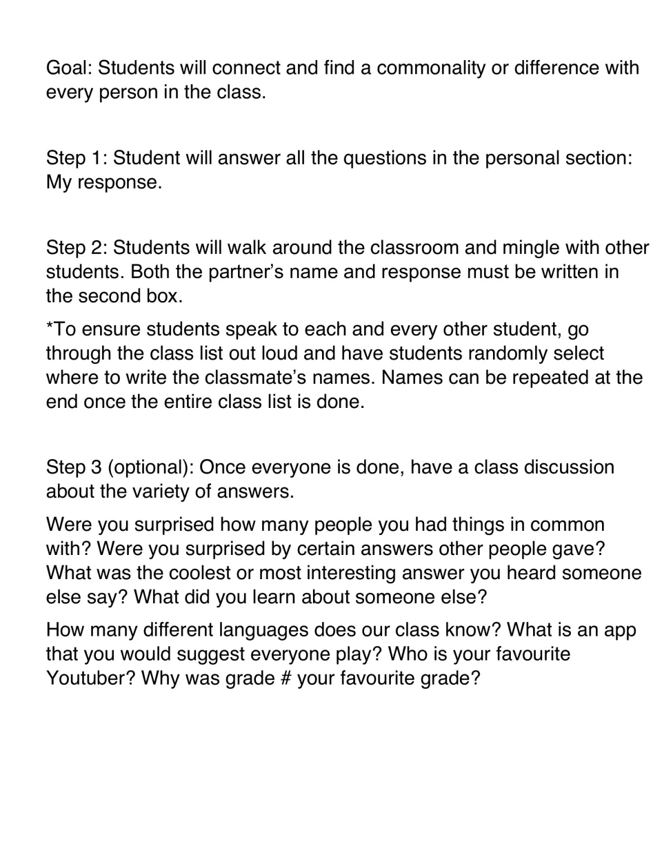 Directions: answer 29 prompts, mingle to record classmates' names and answers, then optional discussion questions
