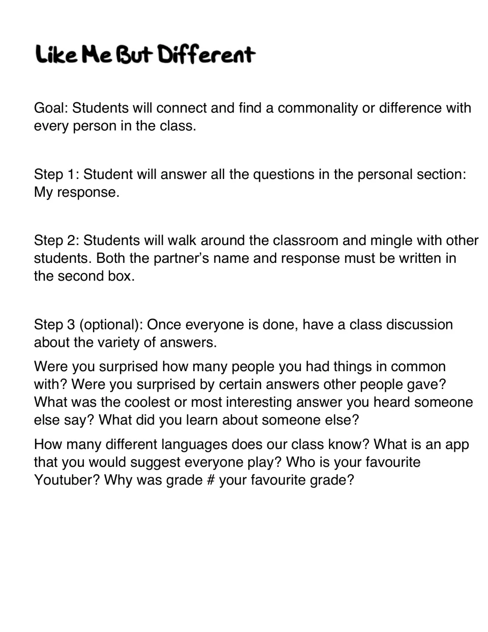 Teacher directions: students fill in their own answers, mingle to record classmates' replies, then discuss common answers
