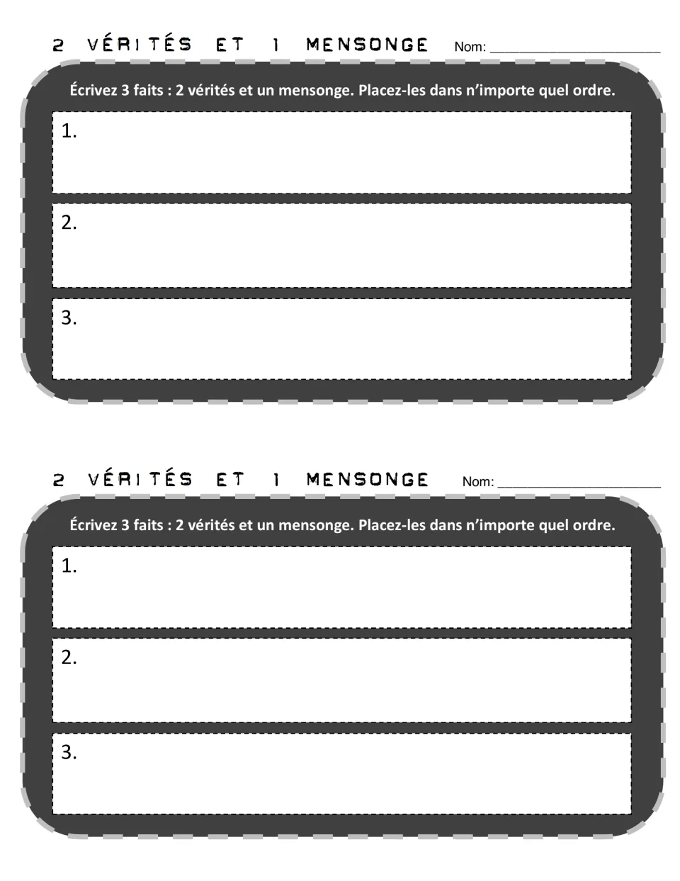 2 vérités et 1 mensonge icebreaker in French: students write three numbered facts, mixing two vérités with one mensonge