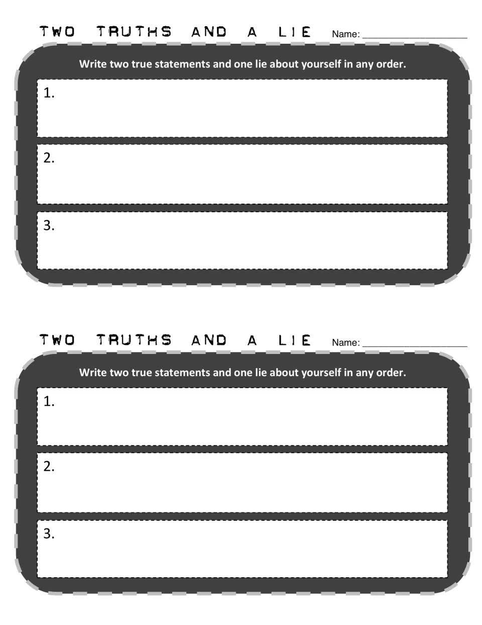 Two Truths and a Lie icebreaker: two half-page forms where students write two true statements and one lie about themselves