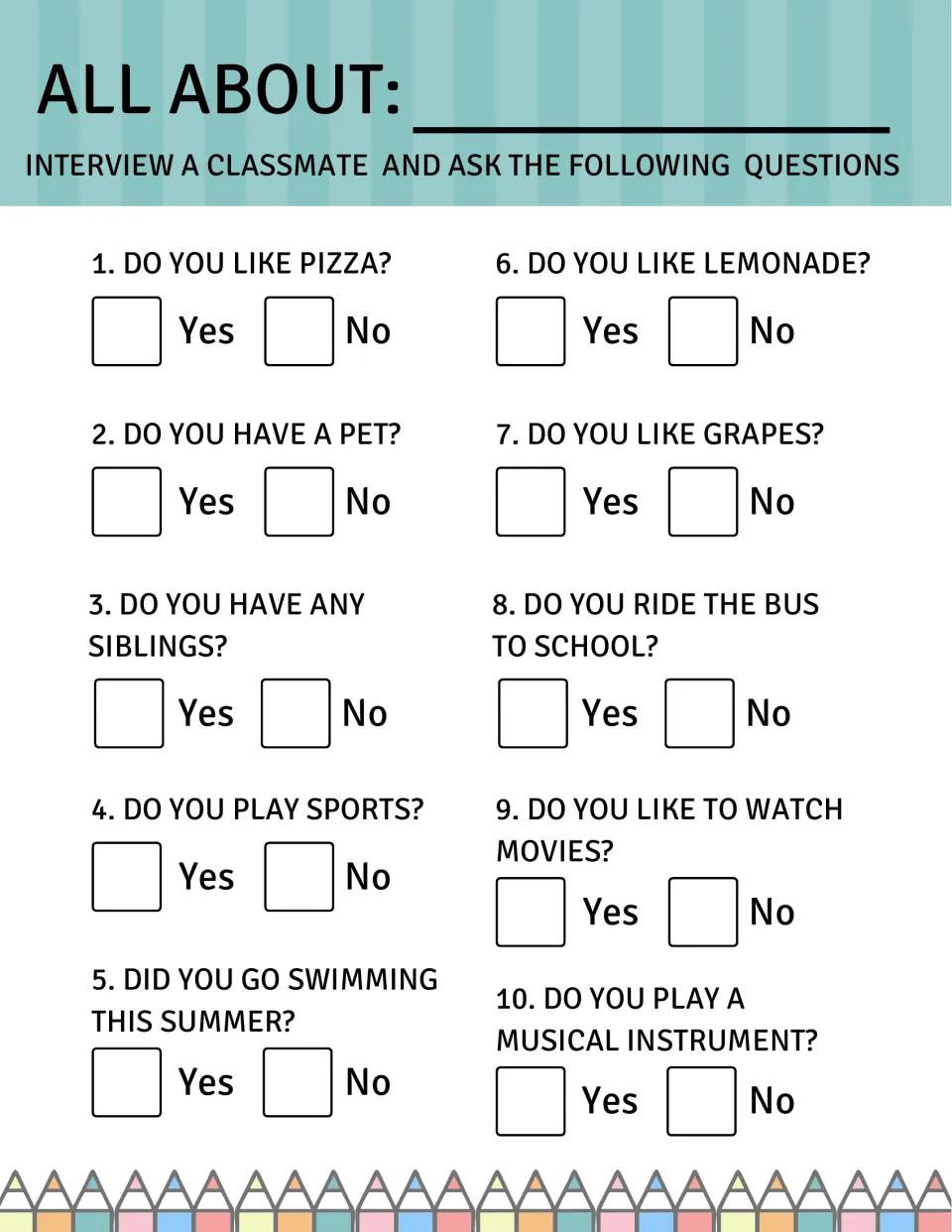 Classmate interview: students ask a partner 10 yes/no questions about pizza, pets, siblings, sports and summer swimming