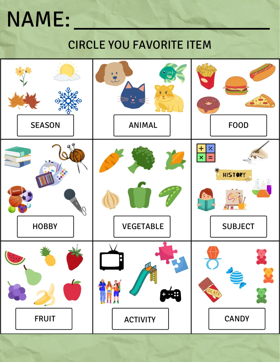 Favorites picture choice: students circle their favorite season, animal, food, hobby, vegetable, subject, fruit and candy