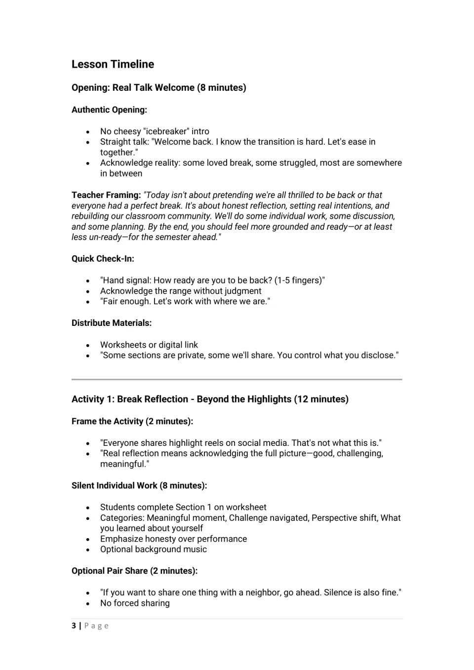 Lesson timeline opening: Real Talk Welcome script, 1-5 finger check-in, then Activity 1 break reflection prompts