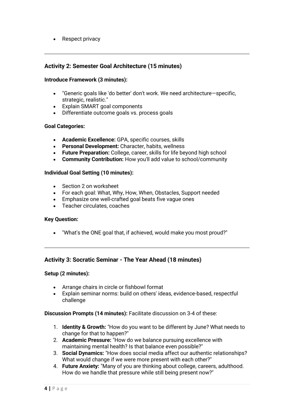 Semester goal setting with SMART goals in four categories, then Socratic seminar setup and discussion prompts 1-4