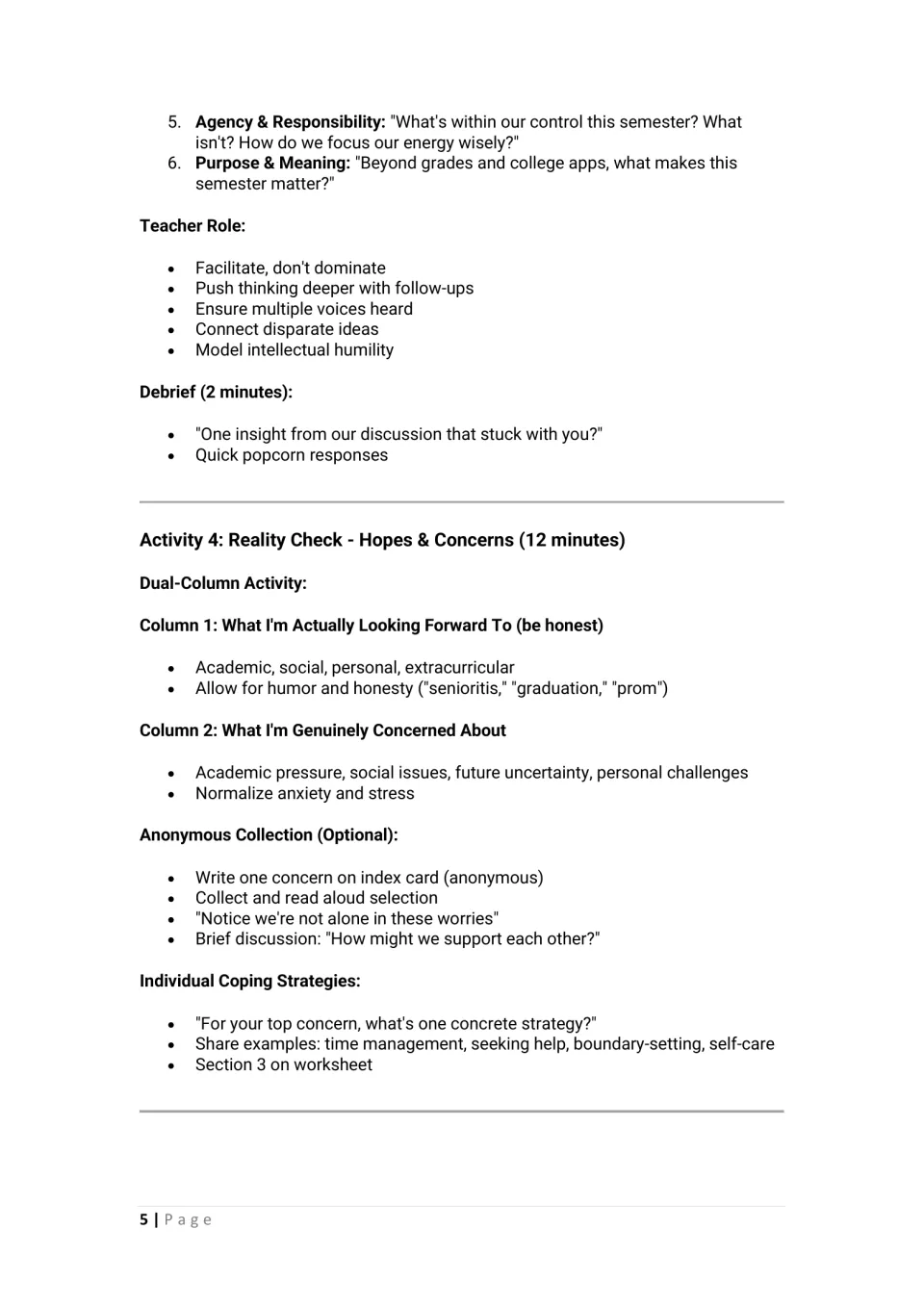 Seminar prompts 5-6, teacher role and debrief, then Hopes and Concerns: students list hopes, worries and coping plans