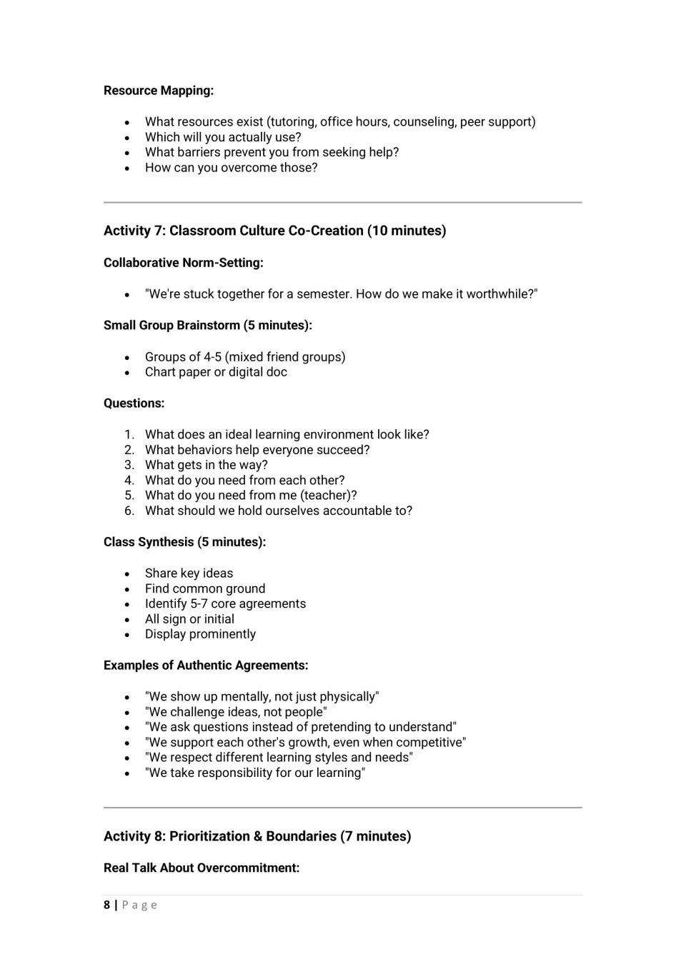 Classroom culture co-creation: small groups answer six norm questions and the class agrees on 5-7 core agreements