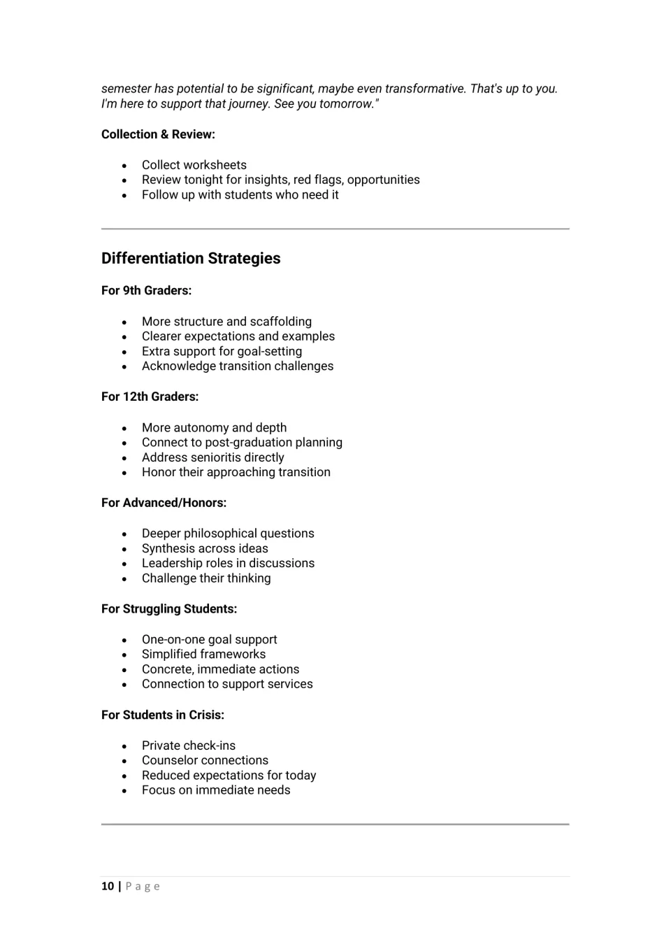 Teacher closing words, worksheet review steps, and differentiation for 9th and 12th graders, honors and students in crisis