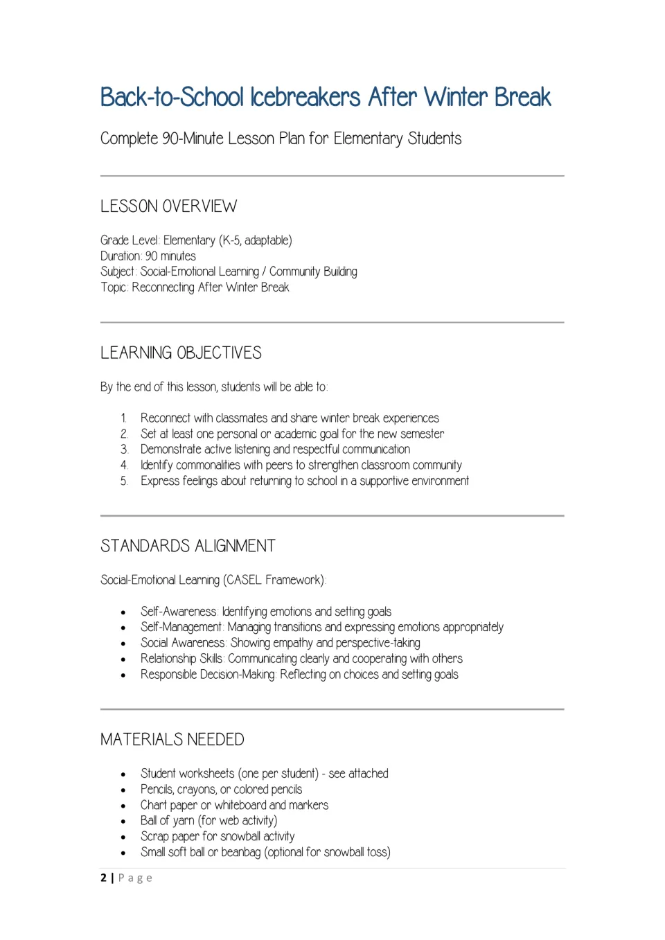 Lesson overview for reconnecting after winter break: objectives, CASEL SEL standards and materials such as yarn