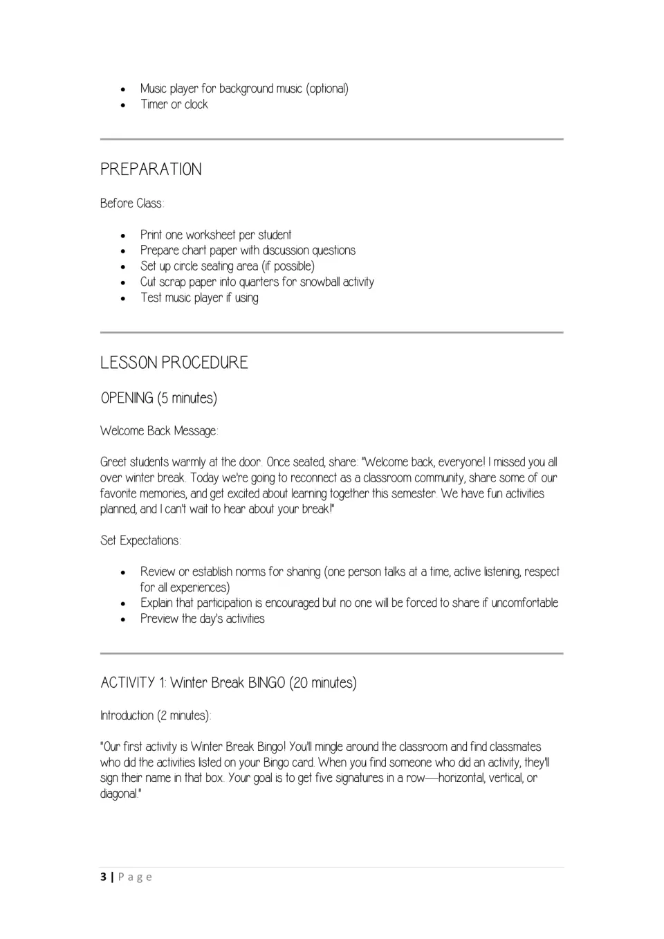 Lesson prep and opening: before-class checklist, welcome back script, sharing norms and Winter Break BINGO introduction