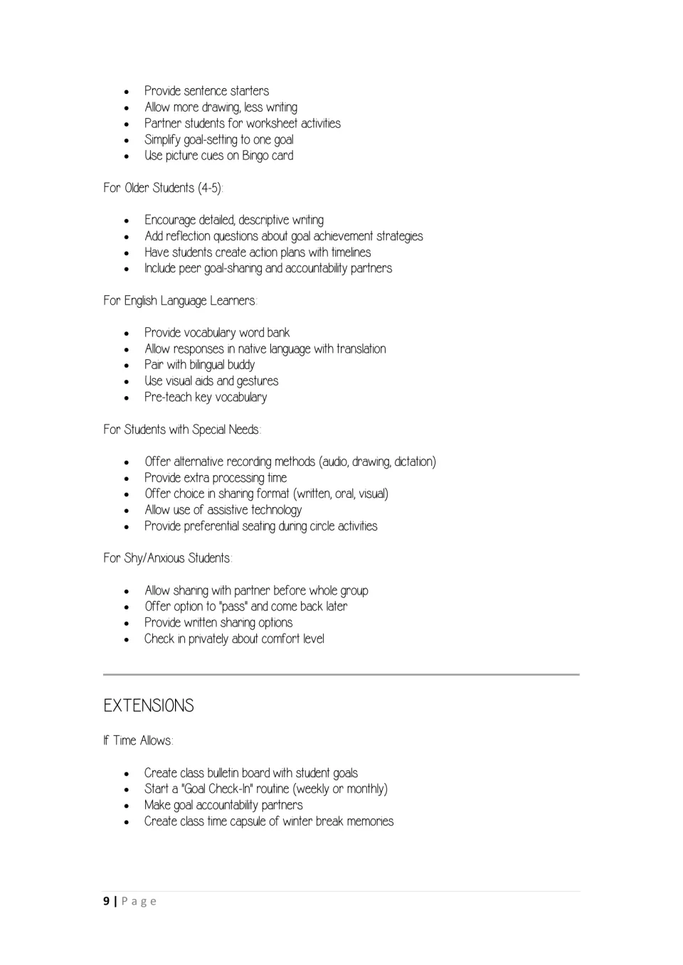 Differentiation for younger, older, ELL, special needs and shy students, plus extensions like a goal bulletin board