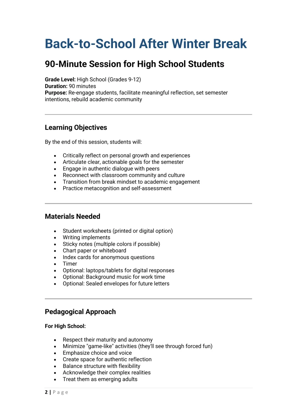 Session overview for grades 9-12: purpose, learning objectives, materials list and a pedagogical approach for teens