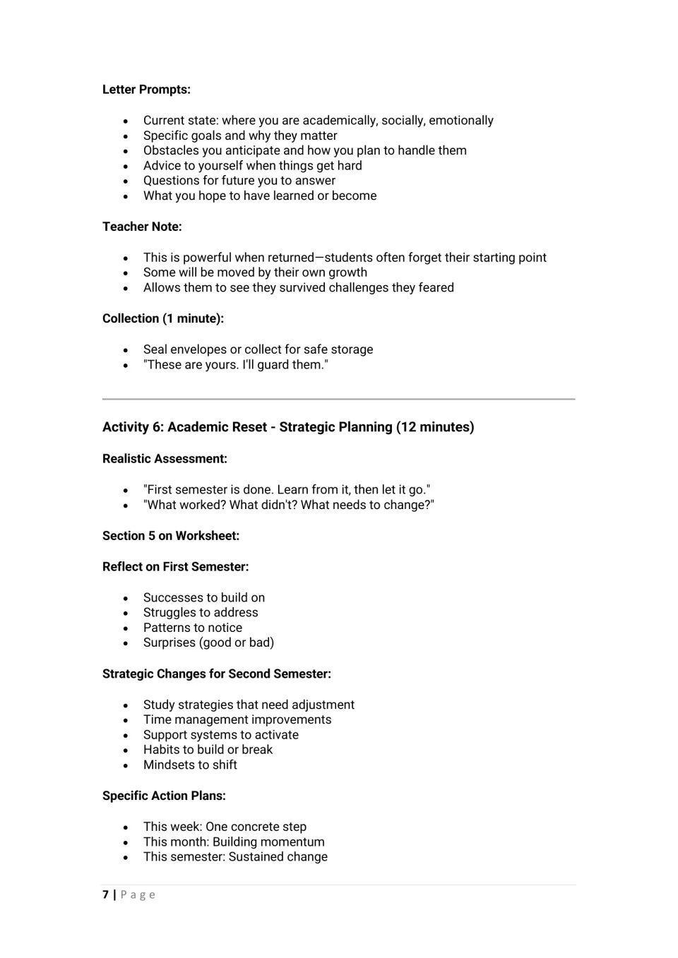 Letter prompts and a teacher note, then Academic Reset: students review first semester and plan action steps
