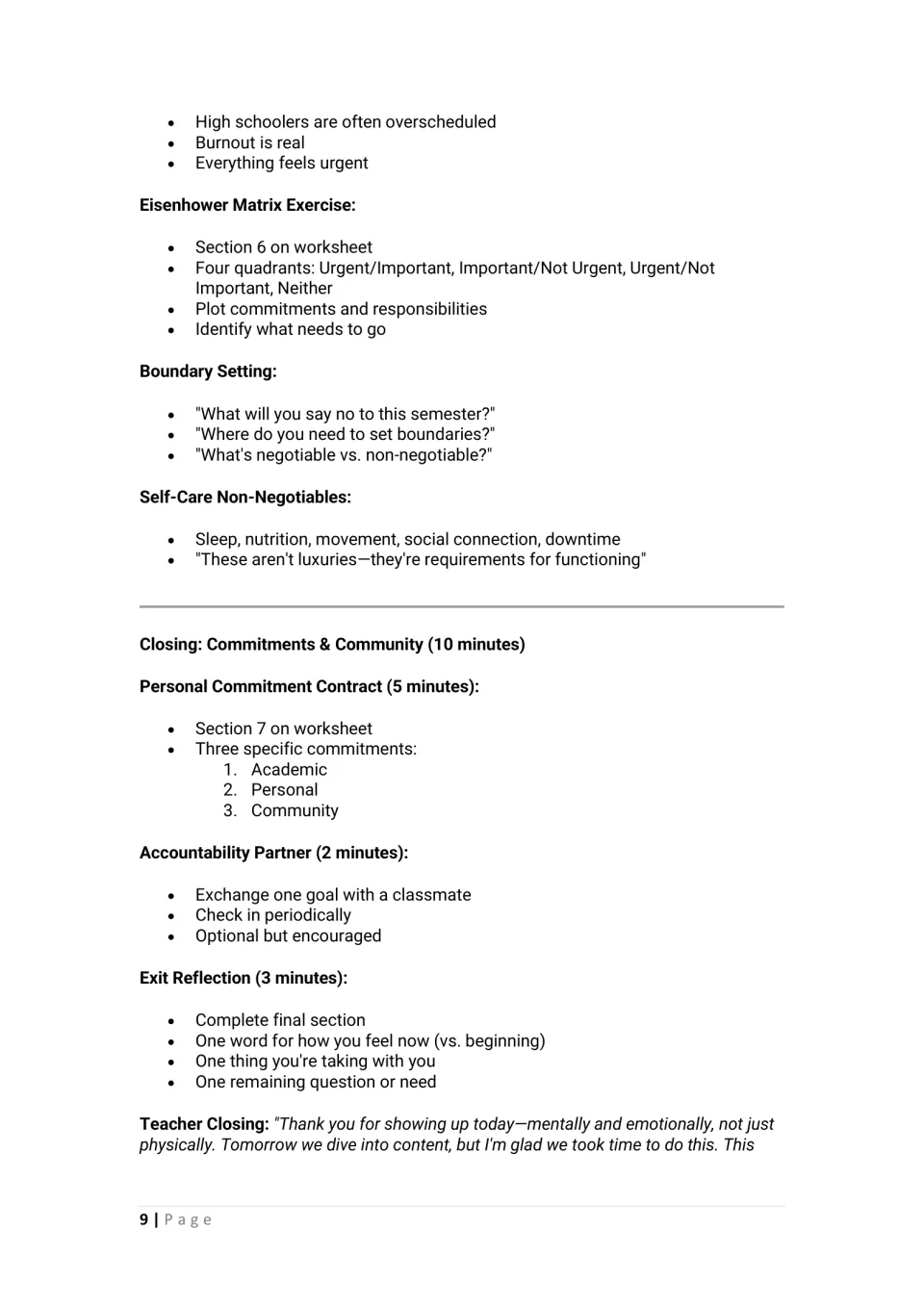 Prioritization: students sort responsibilities in an Eisenhower matrix, set boundaries, then make three commitments