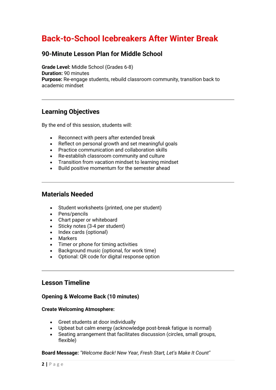 Lesson overview: grades 6-8 purpose, learning objectives, materials list and a 10-minute opening with a welcome message