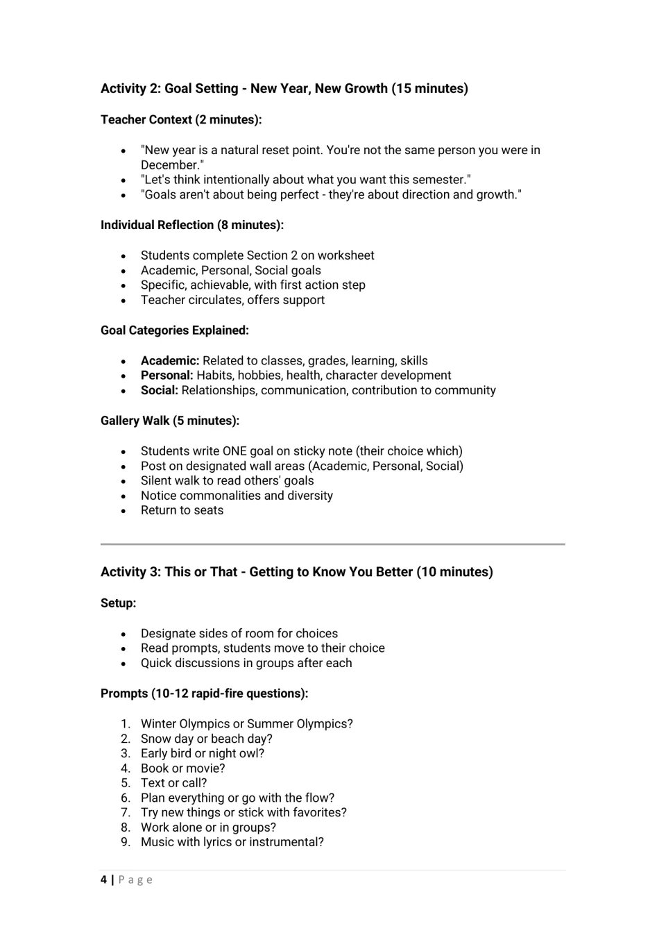 Activity 2 goal setting: students write academic, personal and social goals, then a gallery walk; This or That game begins