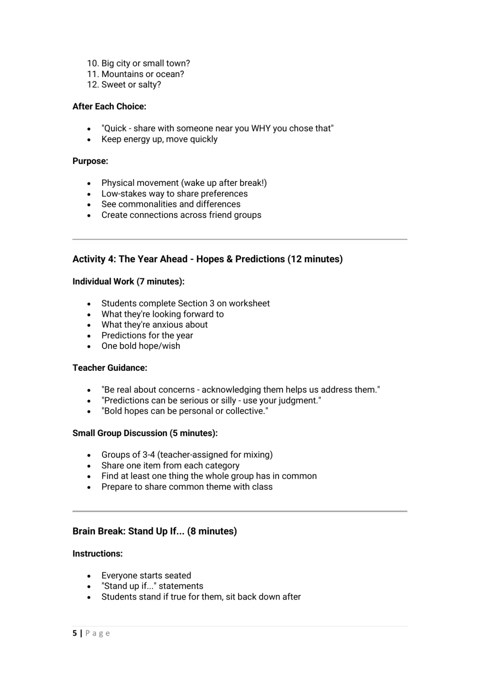 This or That prompts 10-12, then Activity 4: students share hopes, worries and predictions for the year in small groups