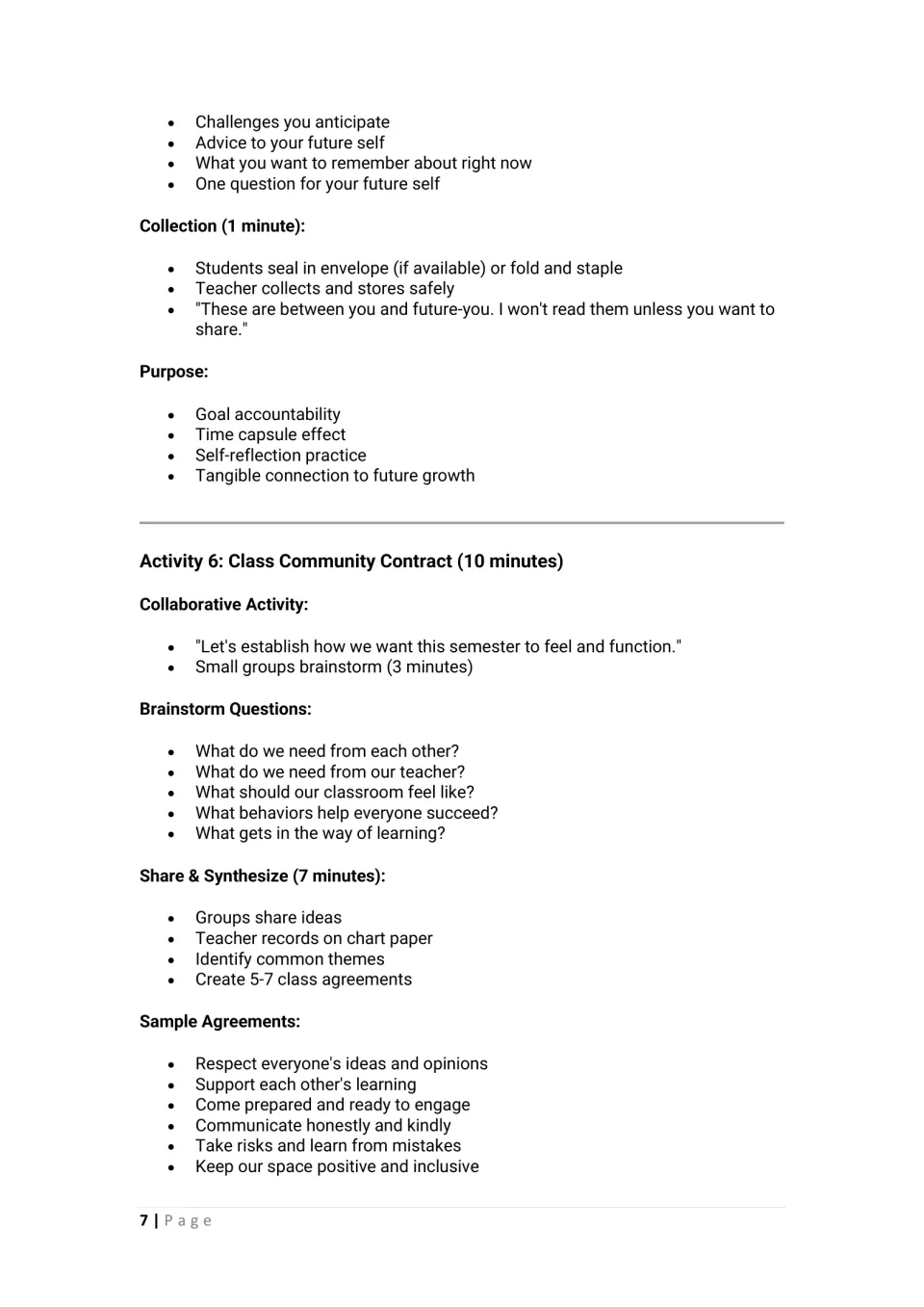 Letter prompts and collection steps, then Activity 6: small groups brainstorm ideas for a class contract of 5-7 agreements