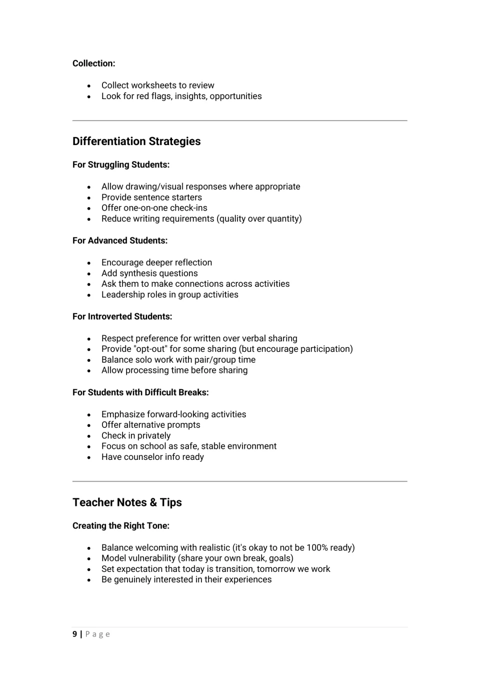 Differentiation strategies for struggling, advanced, introverted students and those with difficult breaks, plus tone tips