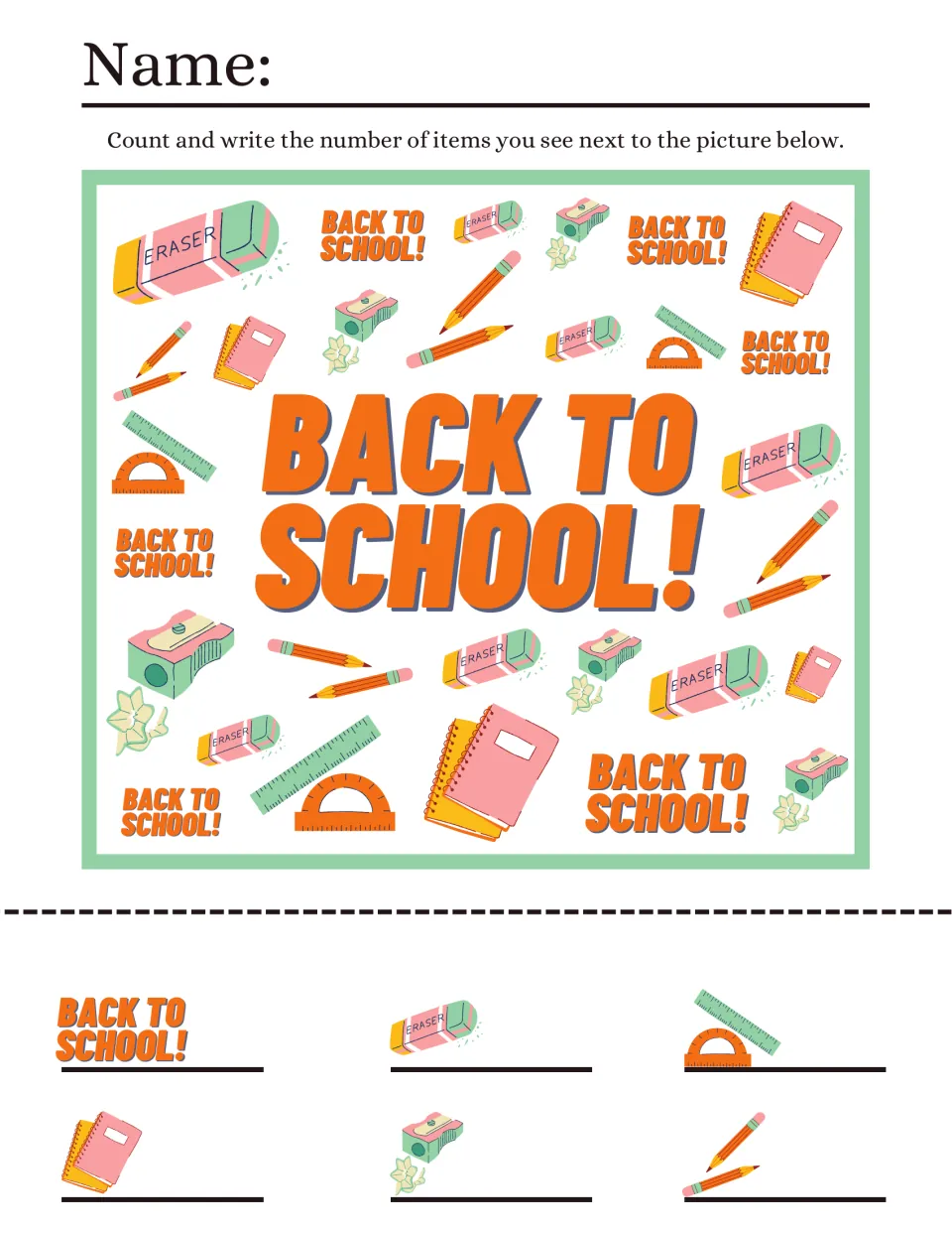 Back to School! I spy: students count erasers, rulers, notebooks, sharpeners, pencils and signs, then write each total