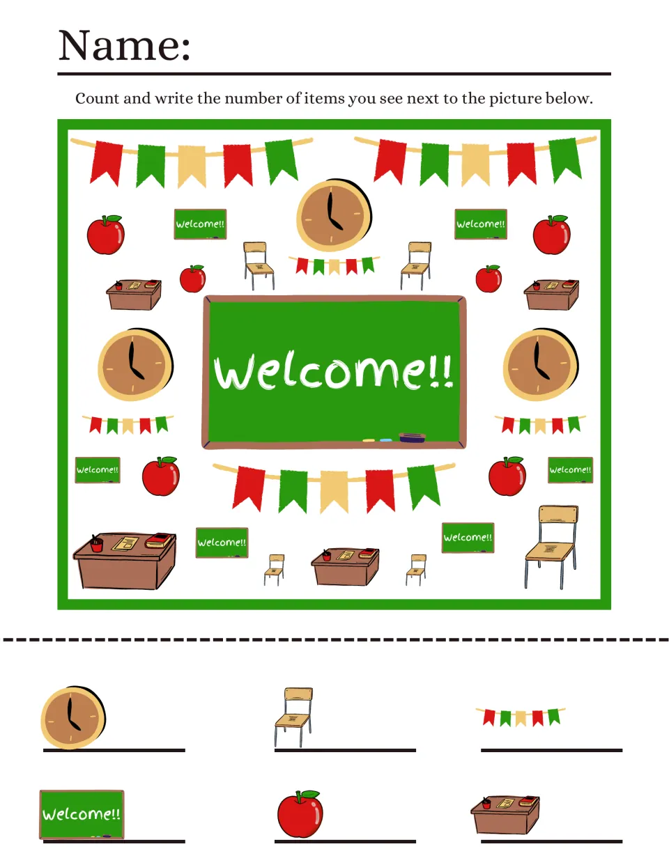 Welcome!! classroom I spy: students count clocks, chairs, bunting, chalkboards, apples and desks and write each number