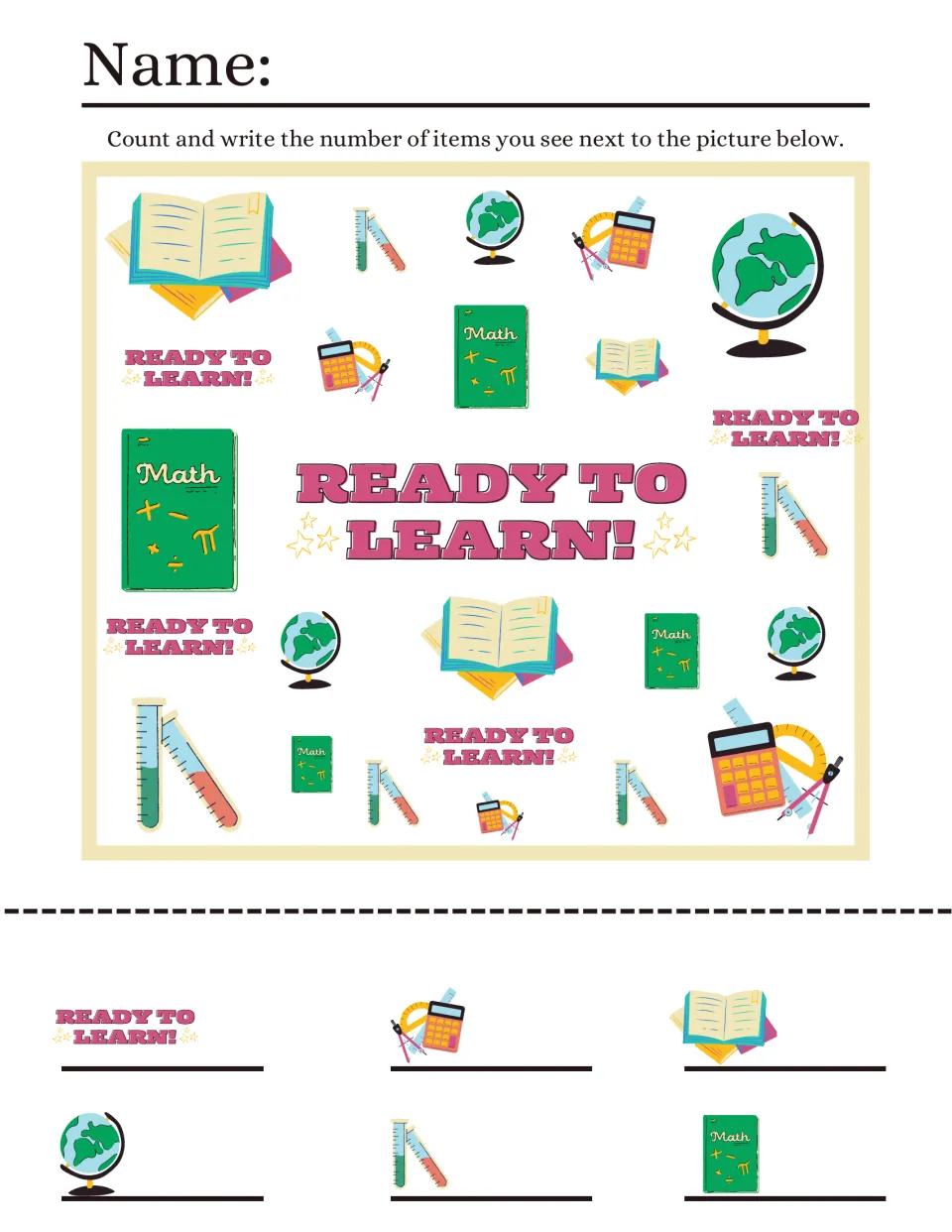 Ready to Learn! I spy: students count math books, globes, test tubes, calculators, open books and signs and record totals