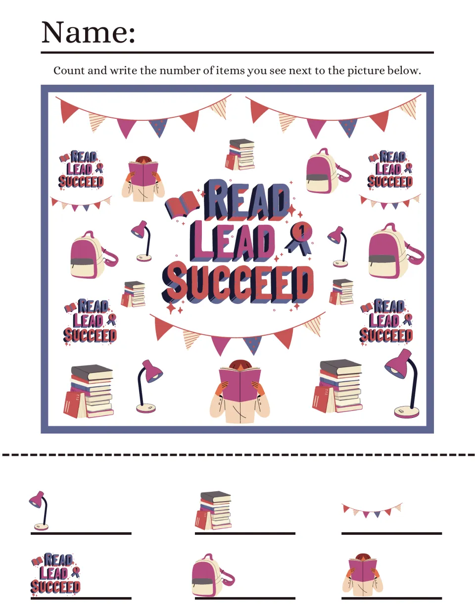 Read Lead Succeed I spy: students count desk lamps, book stacks, bunting, signs, backpacks and readers, then write totals