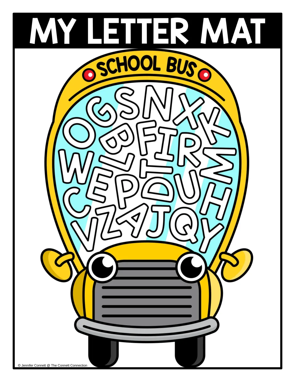 My Letter Mat, uppercase: color school bus with jumbled capital A to Z in its window for students to seek and find
