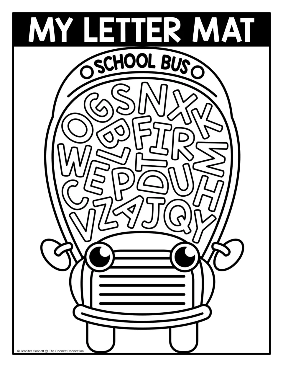 Uppercase letter mat in black and white: school bus window of mixed capital letters for students to find and color
