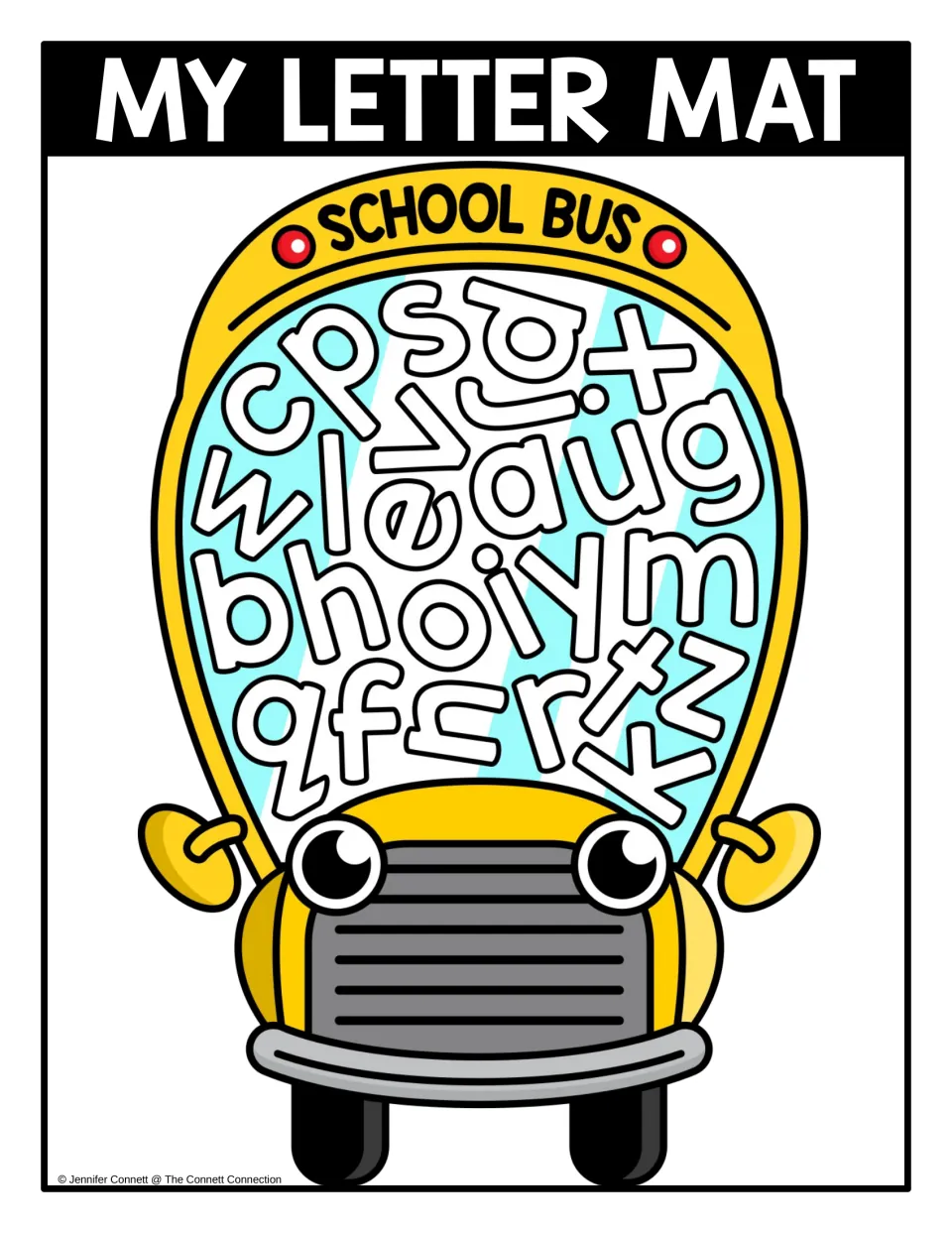 Lowercase letter mat: color school bus filled with jumbled lowercase a to z for students to seek, find and name