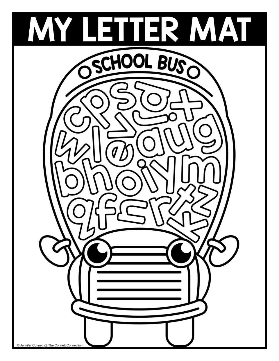 Lowercase letter mat in black and white: outlined school bus of mixed small letters for students to locate and color in
