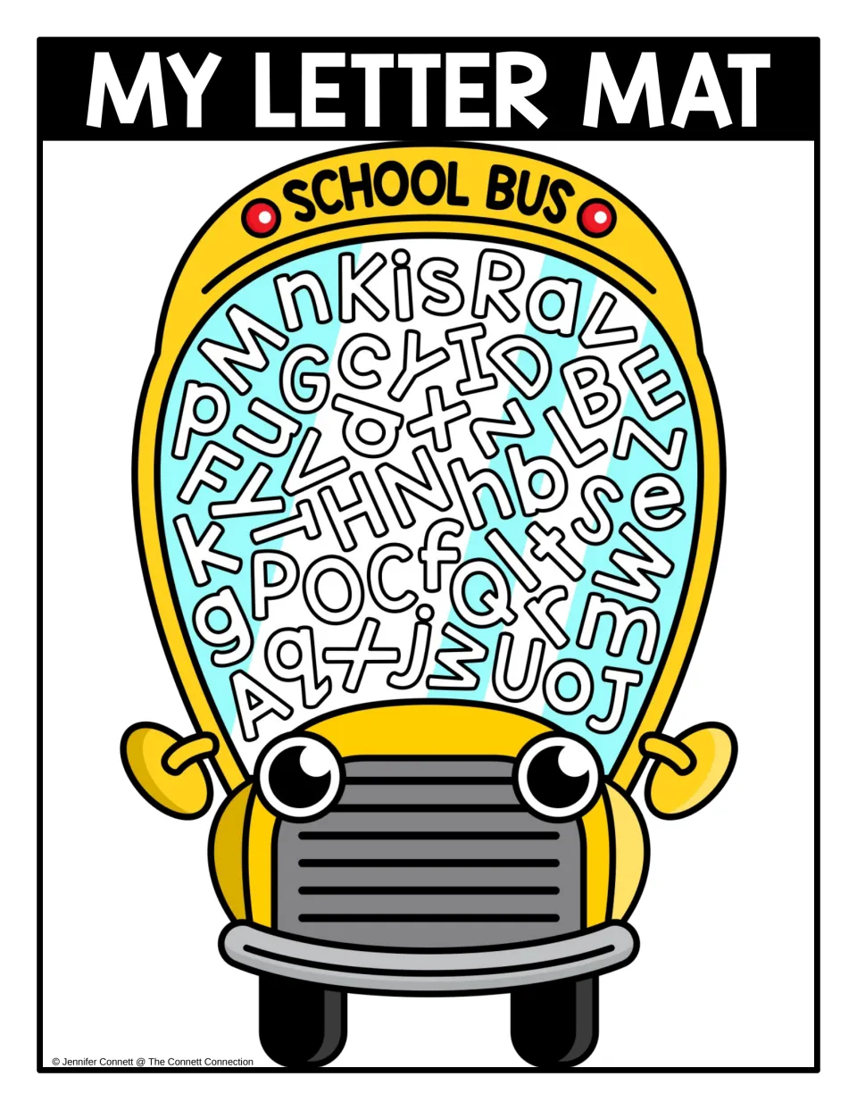 Mixed-case letter mat: color school bus packed with capital and lowercase letters for students to find and name