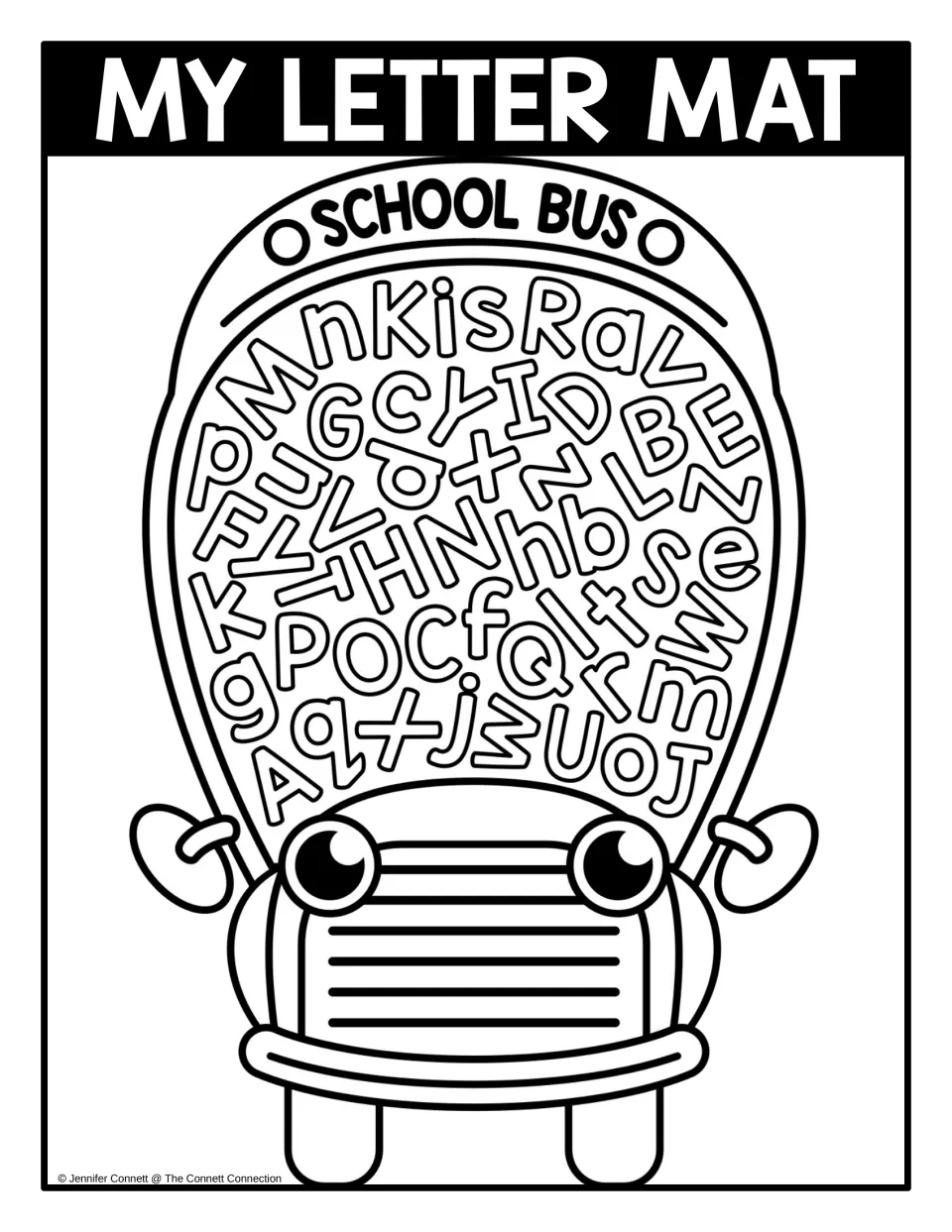Mixed-case letter mat in black and white: school bus outline holding upper and lowercase letters to search for and color