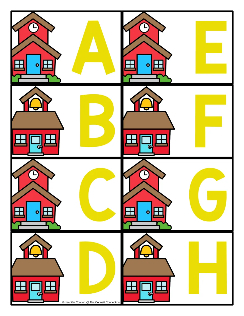 Letter cards A to H: each card pairs a red schoolhouse picture with a large yellow capital letter to find on a mat
