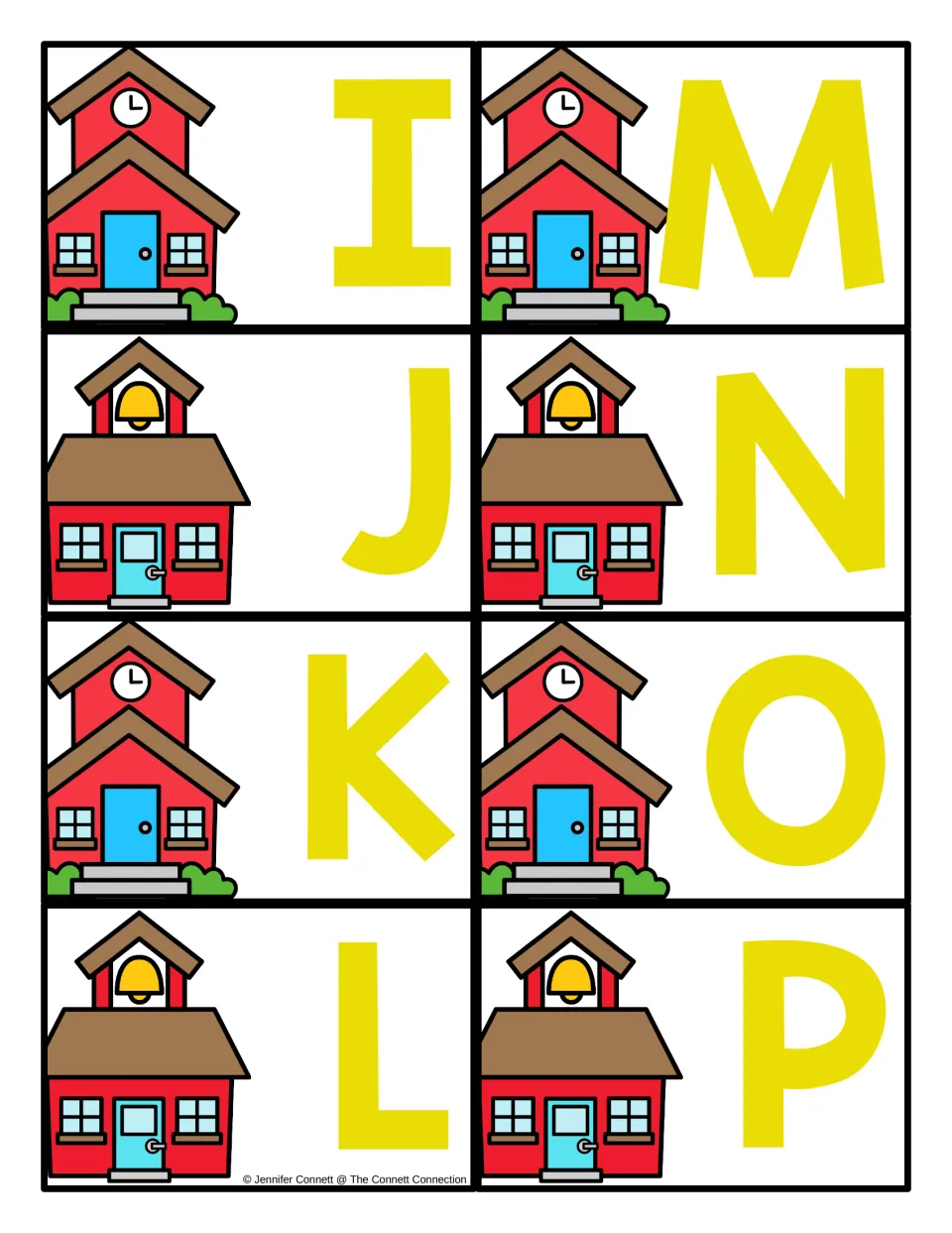 Letter cards I to P: red schoolhouse pictures beside big yellow capitals I, J, K, L, M, N, O and P