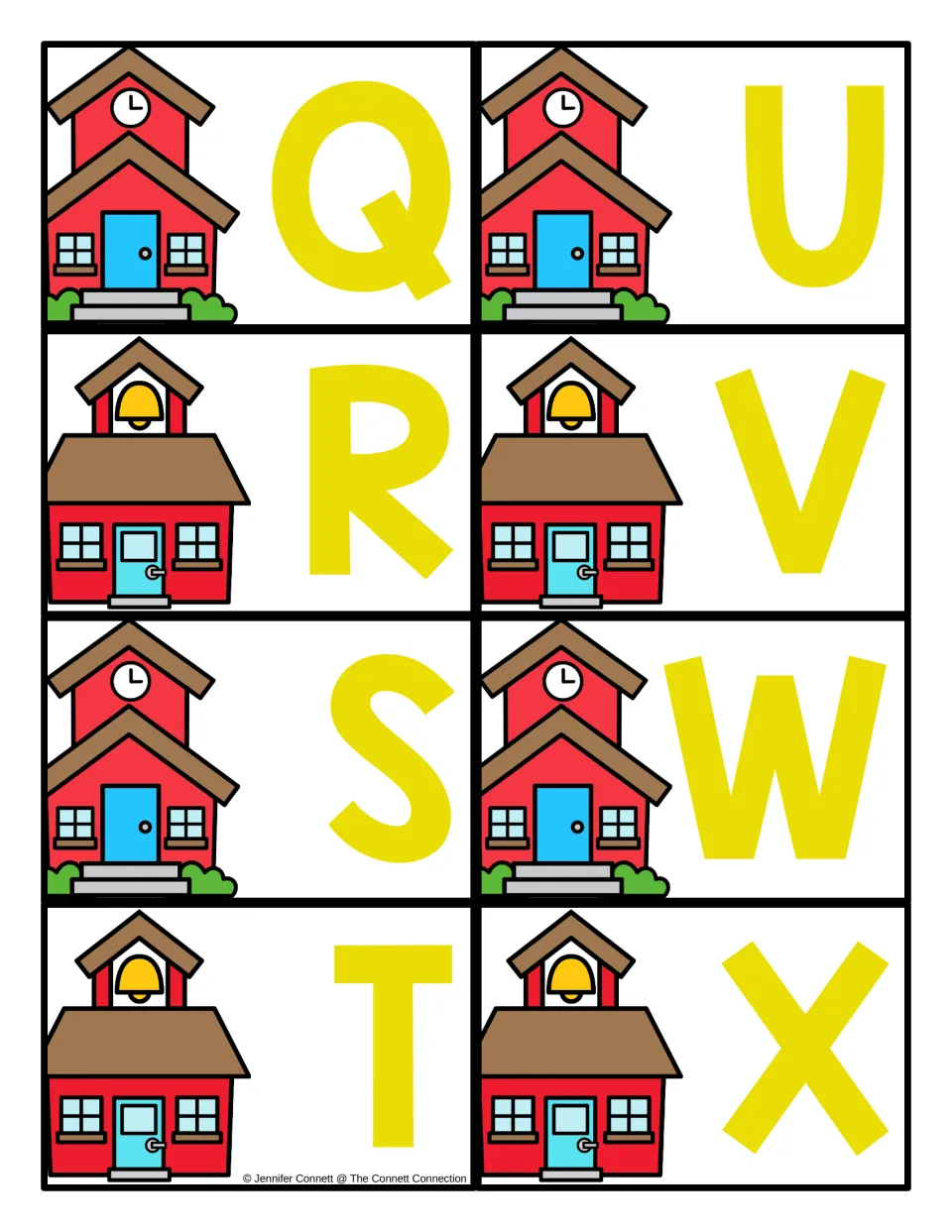 Letter cards Q to X: schoolhouse clip art next to large yellow capitals Q, R, S, T, U, V, W and X