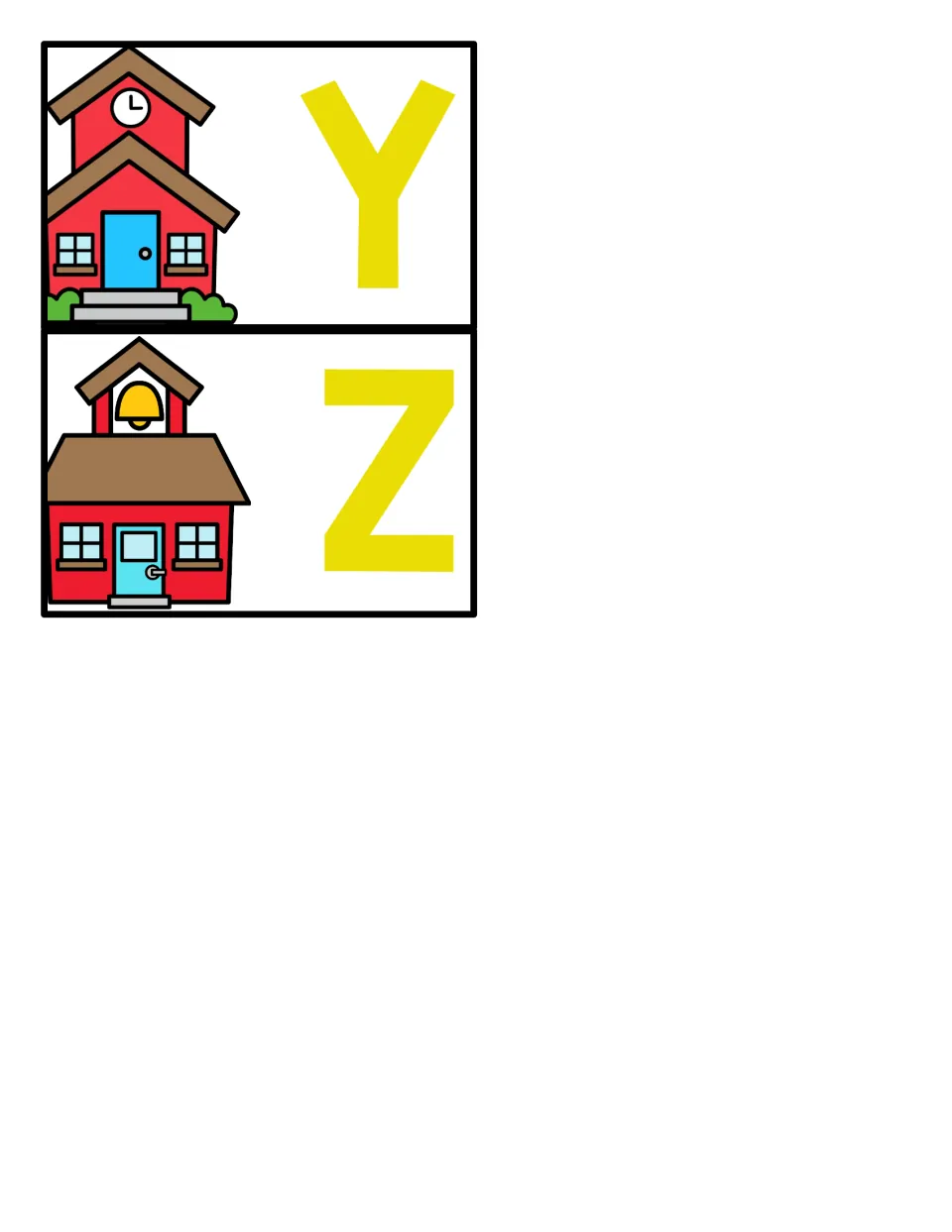 Final letter cards Y and Z, each with a red schoolhouse picture and a large yellow capital to locate on a mat