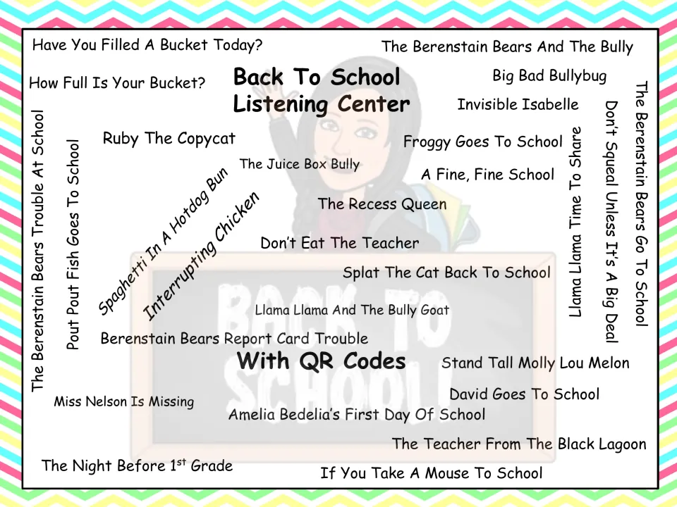 Cover: back-to-school listening center naming 28 picture books to scan, such as The Recess Queen and Ruby The Copycat