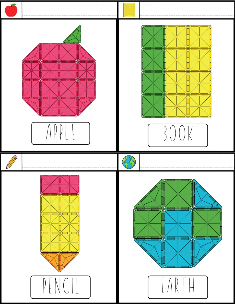 Magnet tile cards for apple, book, pencil and earth: students copy each tile model and write the word on the line