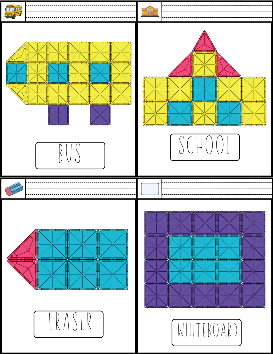 Bus, school, eraser and whiteboard cards: students rebuild each pictured square-and-triangle tile model and write its name
