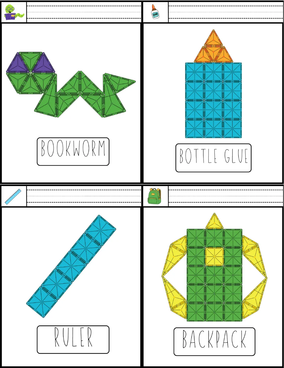 Bookworm, bottle glue, ruler and backpack cards: students build each design from triangle and square tiles, then label it