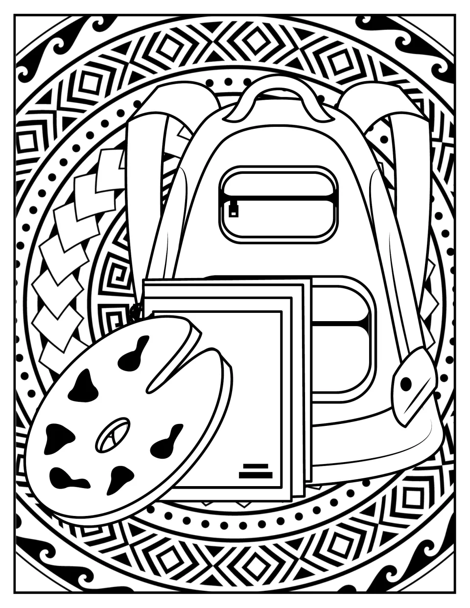 Back-to-school coloring: backpack, notebooks and a chocolate chip cookie set in a geometric mandala for students to color