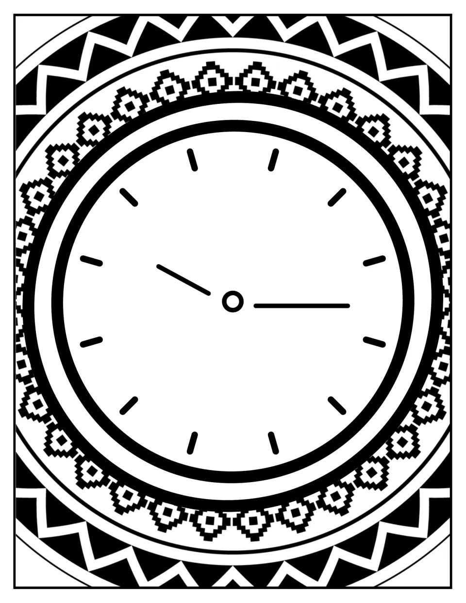 Classroom clock coloring page: a clock face with hour and minute hands framed by stepped diamond and zigzag rings to color