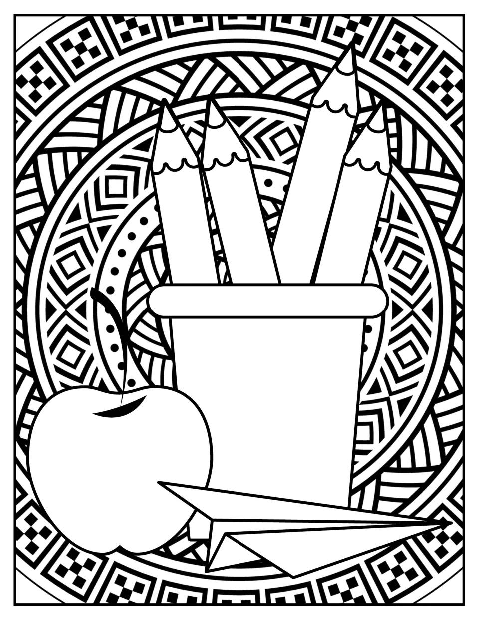School supplies coloring: four pencils in a cup, an apple and a paper airplane over a patterned circular design to color