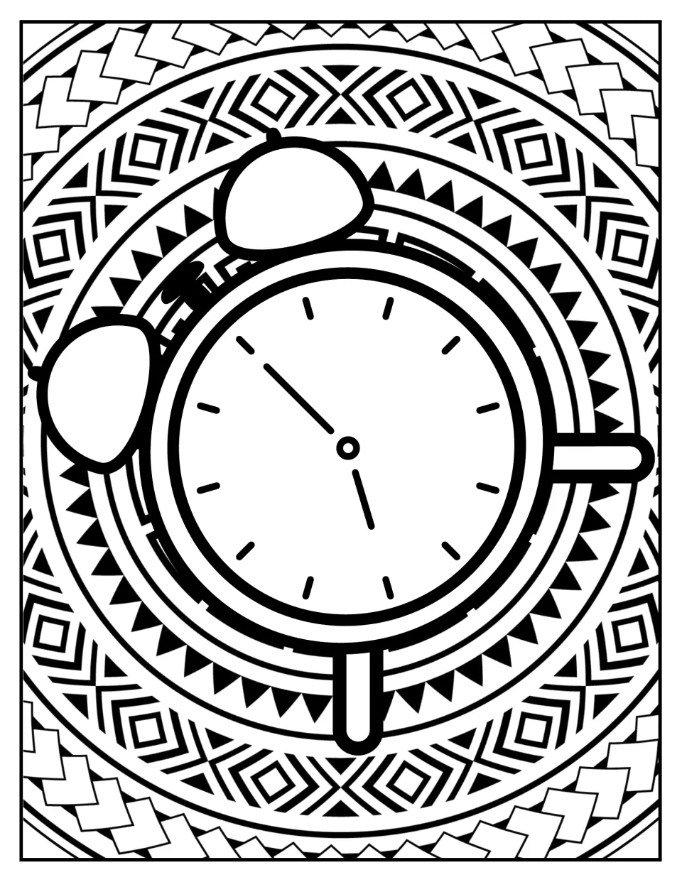 Alarm clock coloring: a twin-bell alarm clock centered on concentric triangle and diamond rings for students to color