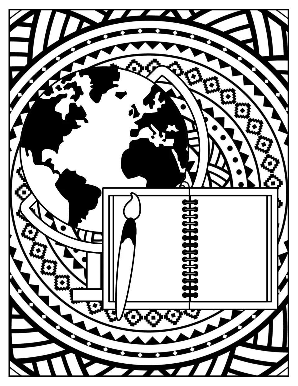 Globe and sketchbook coloring: a world globe, spiral sketchbook and paintbrush in front of a dotted geometric mandala