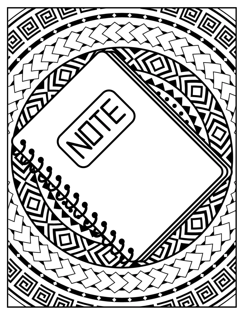 Notebook coloring: a spiral notebook labeled NOTE tilted across a ring of chevron and spiral motifs for students to color